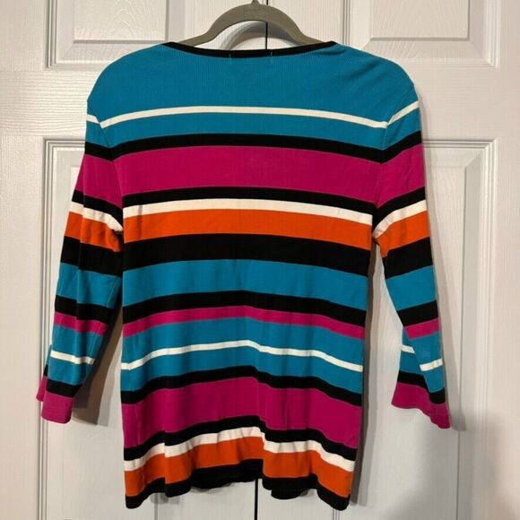 Lauren Ralph Lauren XL Striped Knit Top 3/4 Sleeve Cotton Button Shoulder Fitted - Picture 4 of 9